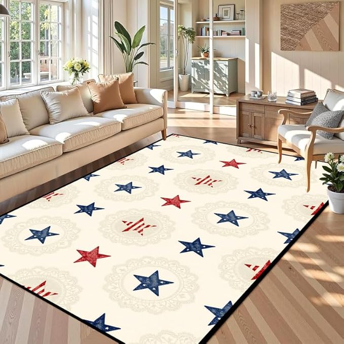 Star Area Rug 6'x9' Vintage Red Blue White Carpet Washable Low Pile Floor Mat Rugs for Bedroom Living Room Nursery Playroom Classroom Home Decor