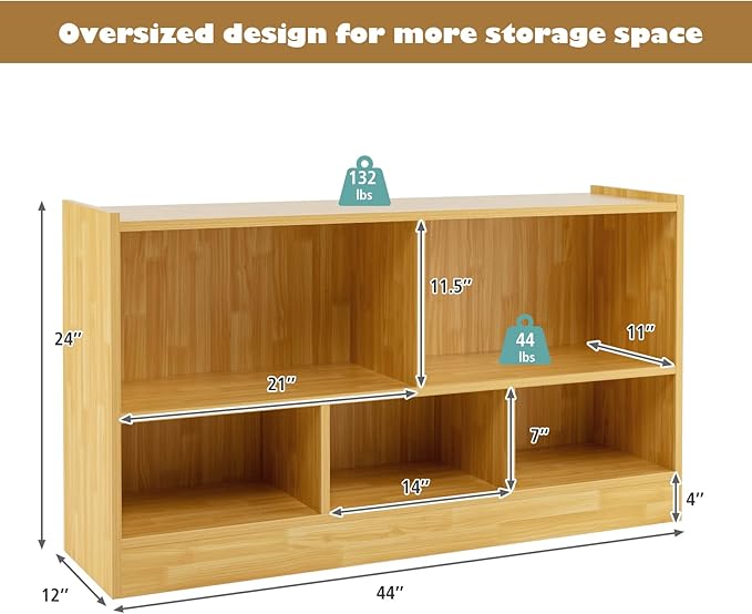 KOTEK Toy Storage Organizer, 5 Cubby Kids Bookshelf, Wooden 3-Tier Bookcase Storage Cabinet, Open Display Book Shelf for Daycare, Nursery, School Classroom, Playroom & Living Room (Burlywood, 5 Cubes)