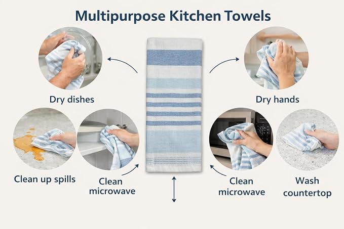Serafina Home Blue White Kitchen Hand Dish Towels: Oversized 28" x 16",100% Cotton Cloth Soft Cleaning Drying Absorbent Striped Design, Set of 3 Multipurpose for Everyday Use (Blue Monica)
