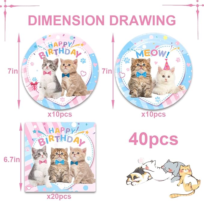 40Pcs Cat Birthday Decorations Pink and Blue Meow Baby Shower Plates and Napkins Party Supplies Cat Birthday Party Decorations