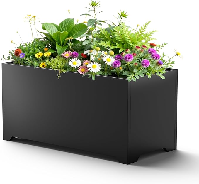 Metal Planter Box 32" L x 15" W x 15" H, Rectangular Trough Planter Box with 6 Drainage Holes & Raised Bottom, Black Large Outdoor Planters for Patio, Yard, Garden,Commercial Residential