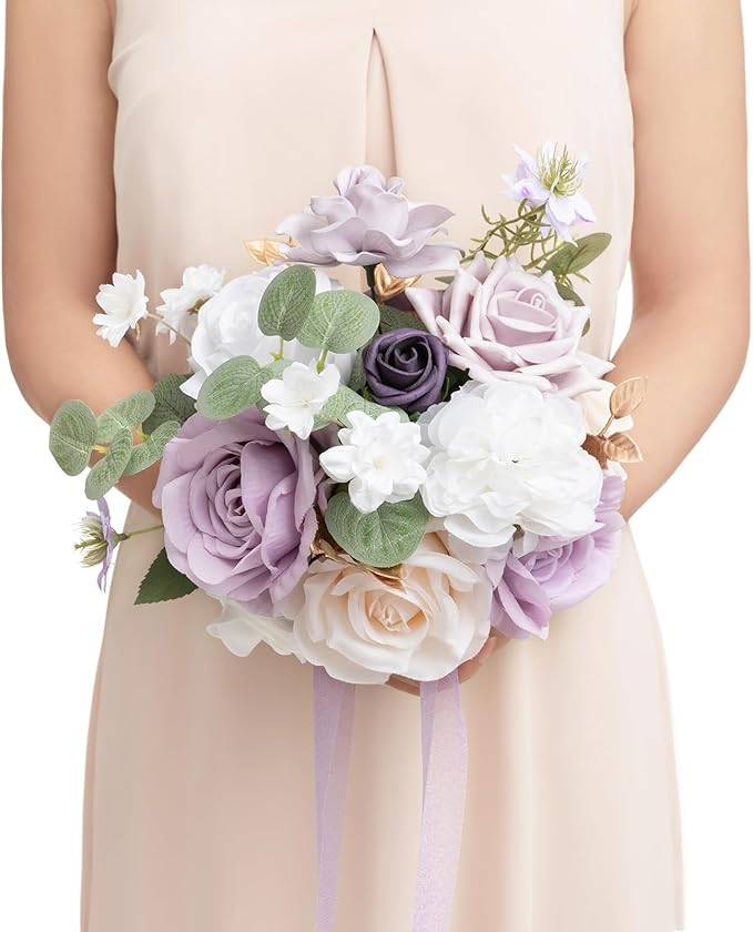 Ling's moment Lilac & Gold Bridesmaid Bouquet, Purple White Wedding Bouquets for Bridesmaids, 7 Inch Bridal Bouquets for Bridesmaids, Wedding, Ceremony, Anniversary, etc.
