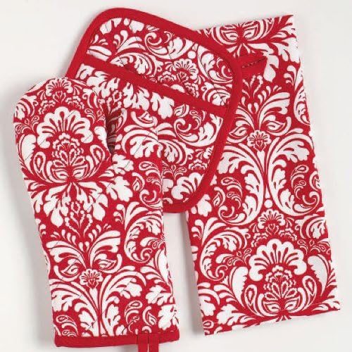 DII Cotton Dish Towel Set Damask Print, 18x28, Tango Red, 2 Count