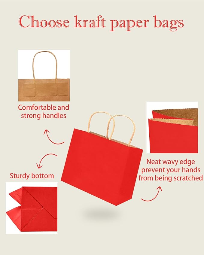 qiqee 13"x4.5"x10" Large Gift Bag with Handles Bulk 32PCS Gift Paper Bags Wine Red Bags Multiple Uses (Wide Large)