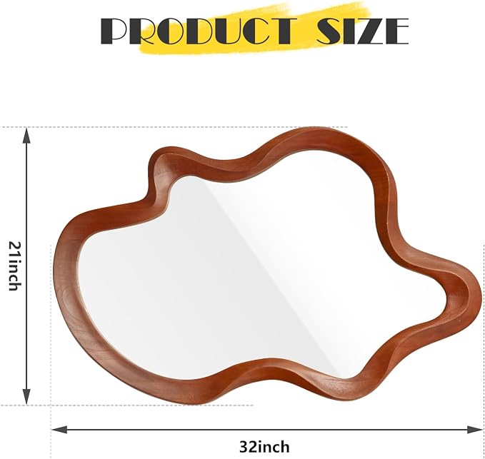 Irregular Wall Mirror,21"x 32"Asymmetrical Mirror Wood,Wooden Framed Wall Mirror,Modern Large Vanity Bathroom Mirror,Walnut Wavy Mirror for Entryway,Bedroom,Living Room,Washroom