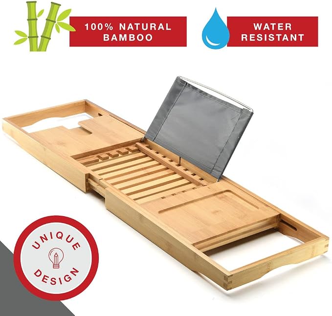 Luxury Foldable Bathtub Tray Caddy - Waterproof Wood Bath Tray for Tub, Expandable Size Fits Most Tubs, Bathroom Accessories for New Home & Mothers, Birthday Gifts for Mom