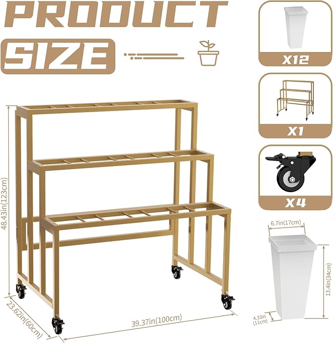 Flower Display Stand with 12 Buckets, 3 Layers Flower Bar, Gold Metal Plant Stand with Wheels, Heavy Duty Flower Cart for Indoor Outdoor Patio Garden Wedding Florist, Gold Metal Frame