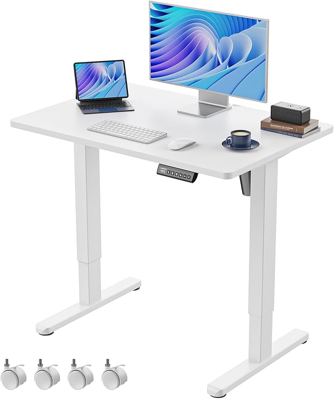 HUANUO Electric Small Standing Desk, 35" x 24" Whole Piece Desktop, Adjustable Height Computer Desk, 4 Height Memory Settings, Sit Stand Up Desk for Home Office, White