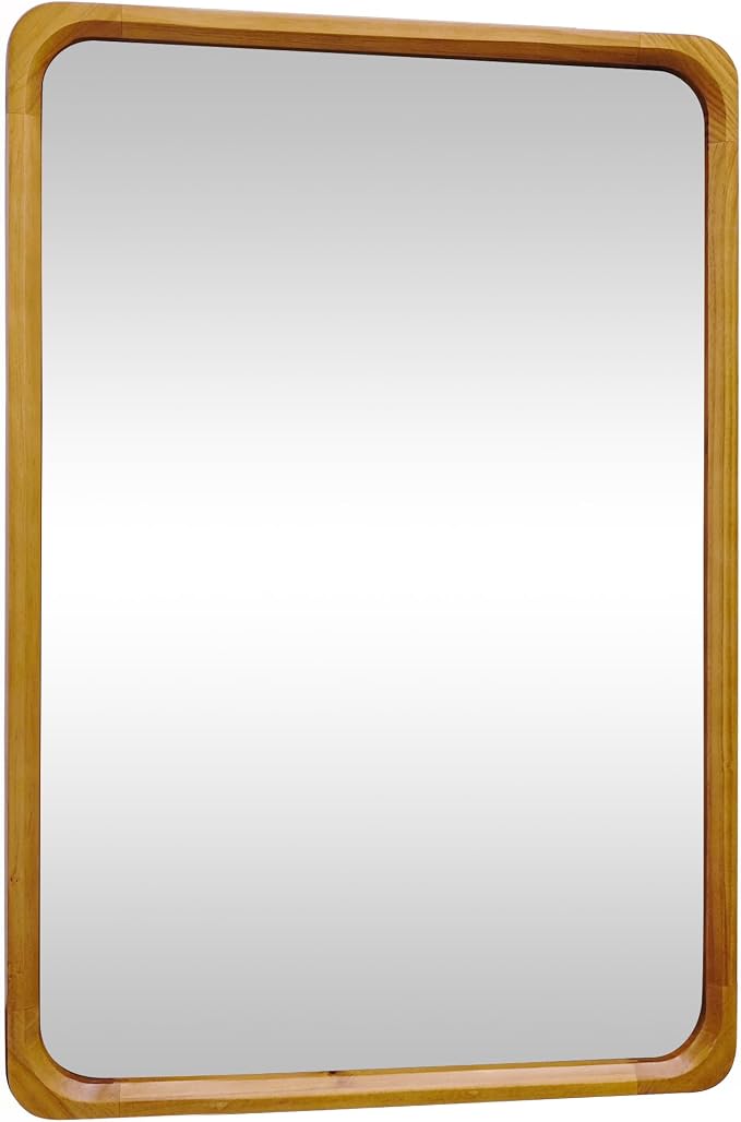 Tanmicoshomy Natural Wood Bathroom Mirror 24 x 36 Inch, Solid Wood Framed Rectangle Mirrors with Tempered Glass for Living Room Bedroom Office or Entryway