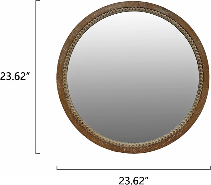 23.62" Round Rustic Farmhouse Wall Mirror Distressed Wood Beaded Frame Vintage Accent Mirror Wall Mounted HD Decorative Mirror For Bathroom Bedroom Entryway Modern Farmhouse Mid-Century Home Decor