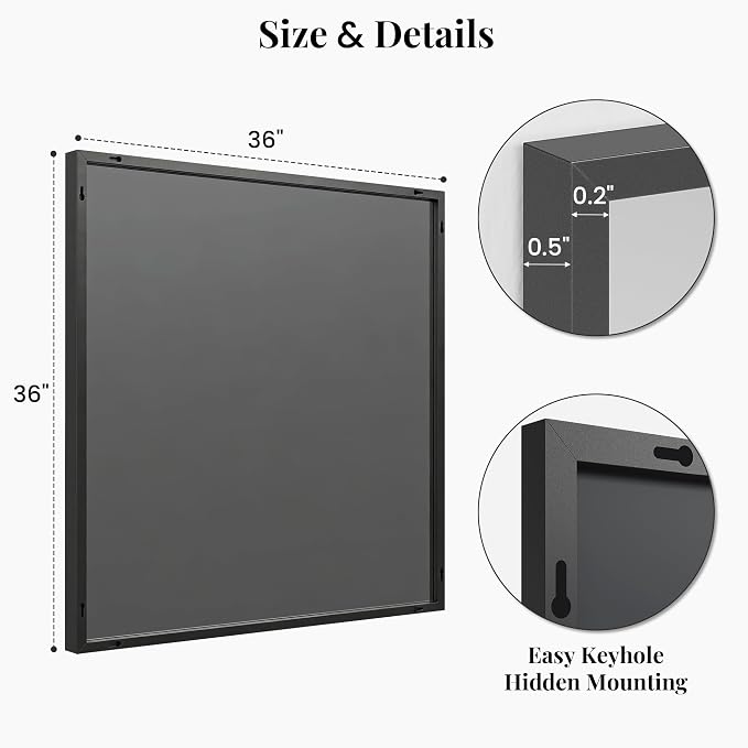36"x36" Square Black Bathroom Mirror, Shatterproof Tempered Glass, Large Geometric Vanity Mirror, Oversized Ultra-Flush Wall-Mounted