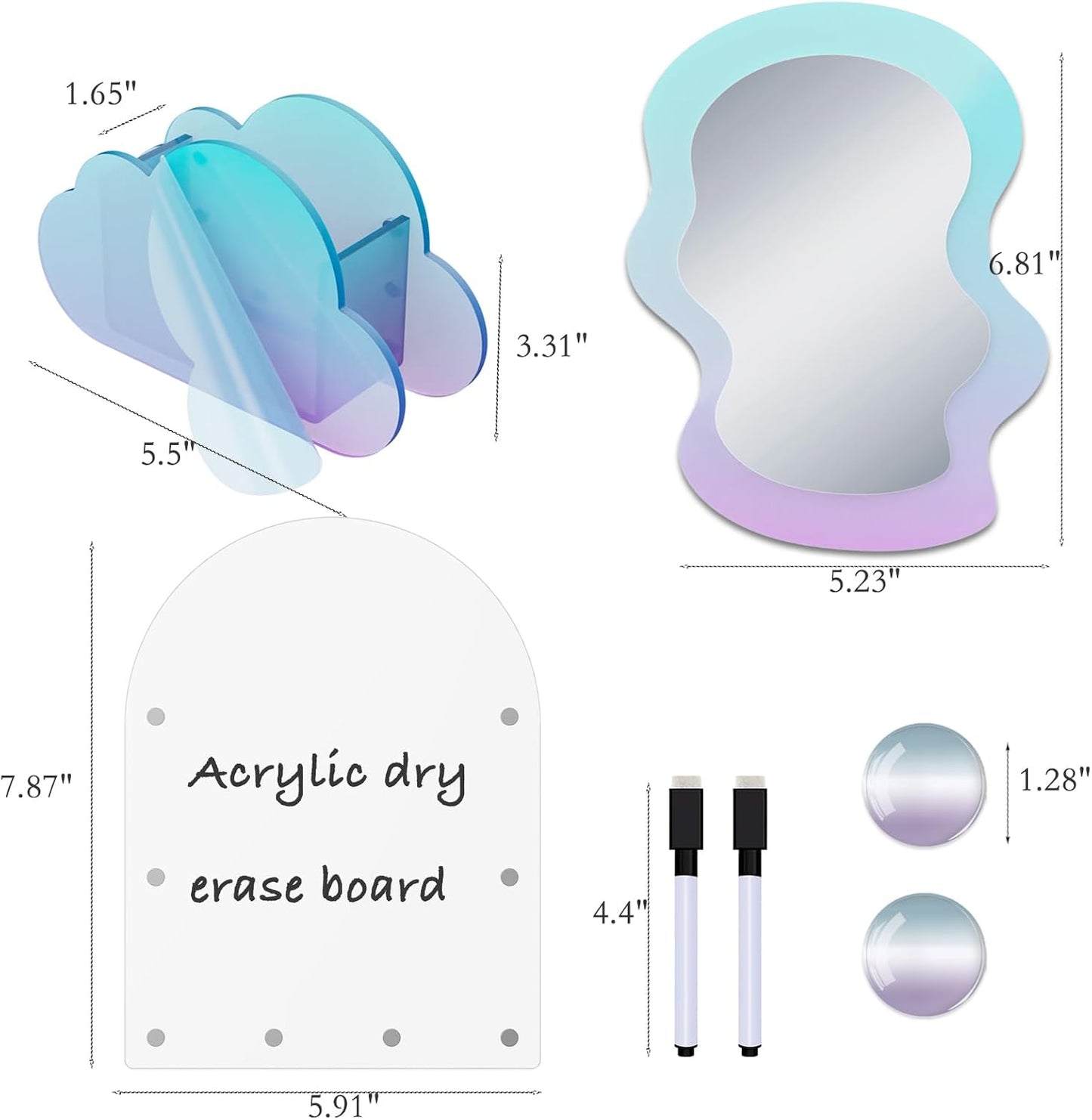 Svartur Iridescent Locker Accessories Set - Magnetic Mirror & Pen Holder | Acrylic Dry Erase Board