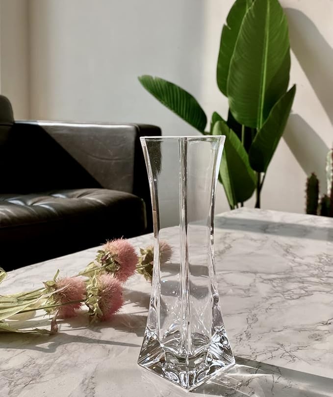 KLIFA- Small Acrylic Square Bud Vase, Shatterproof, High Transparency, Plastic Single Stem Vase, Clear, Hight 7.48 inch, 1 pc