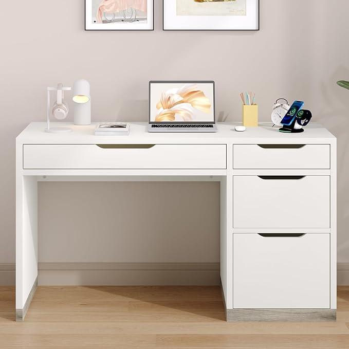 52 Inch White Desk with Drawers, Small Desk with Storage for Kids, Study Worksation with Filing Cabinet and 4 Drawers for Bedroom