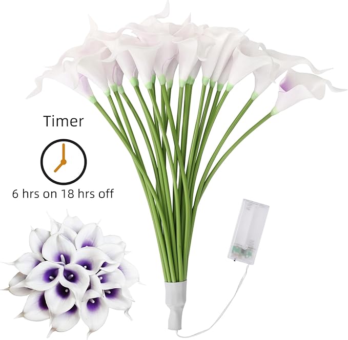 20pcs Artificial Calla Lily Bouquet Lamp Faux Floarl Night Light Real Touch Flower Night Lamp LED Calla Lily Artificial Flower Light for Christmas Gifts Home Kitchen Decor(Whitepurple)