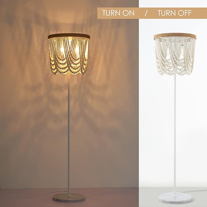 VILUXY Bohemia Wood Beaded Boho Floor Lamp - Antique Rustic White Finishing for Bedroom, Nursery, Dining, Girl Room - 3-Light