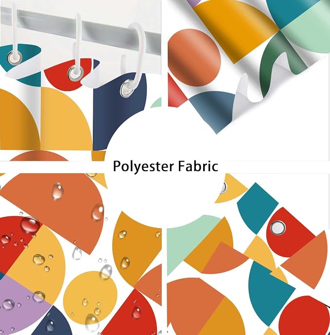 Colorful Rainbow Geometric Shower Curtain Mid Century Modern Abstract Art Bathroom Curtain Decor 72x72 Inch Washable Fabric Bright Boho Circle Patterned Bath Curtain with 12 Hooks