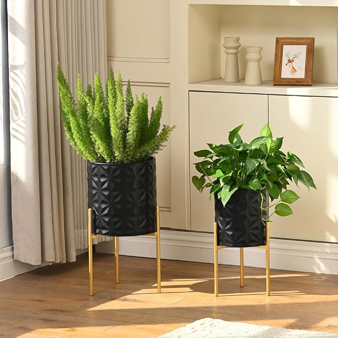 Modern Planter Pots, Set of 2 Black Planters with Stand, Decorative Planters, Metal Pots with Drainage Holes for Living Room, Office, Garden