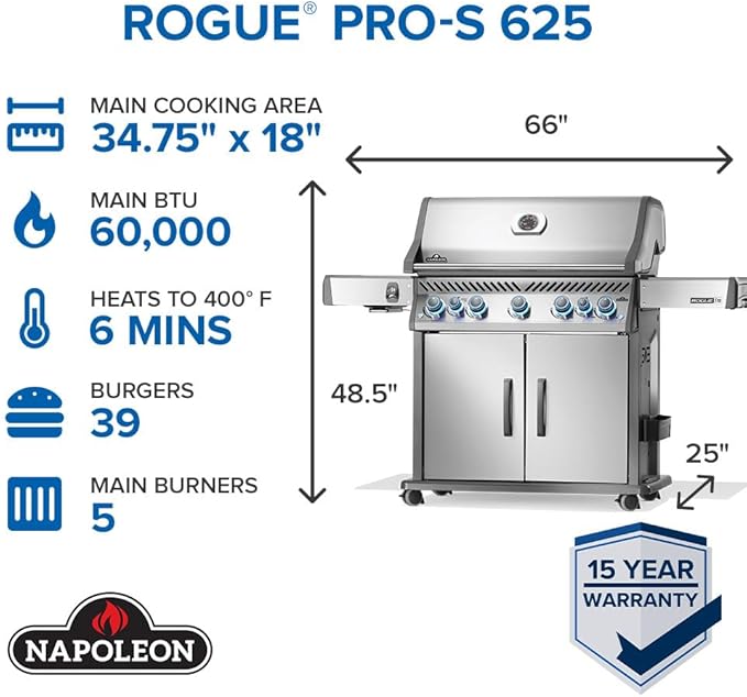 Napoleon Rogue PRO-S 625 Natural Gas Grill with Infrared Side and Rear Burners, Stainless Steel, Durable 7-Burner Outdoor BBQ