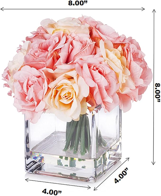 ENOVA FLORAL 18 Pieces Pink Rose Artificial Flowers in Vase, Floral Arrangements Artificial with Vase for Dining Table Decoration, Home Decor Indoor(Pink)