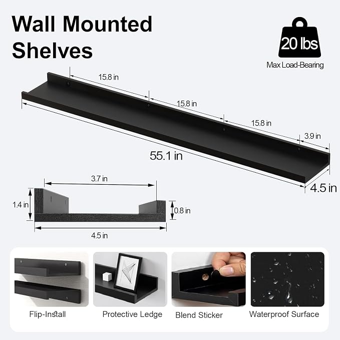 Long Floating Shelves for Wall Decor, Long Wall Mounted Storage Shelf for Bedroom, Living Room, Bathroom, Kitchen, Nursery, Display Picture Ledge Shelf with Lip Set of 2-56 Inches, Black