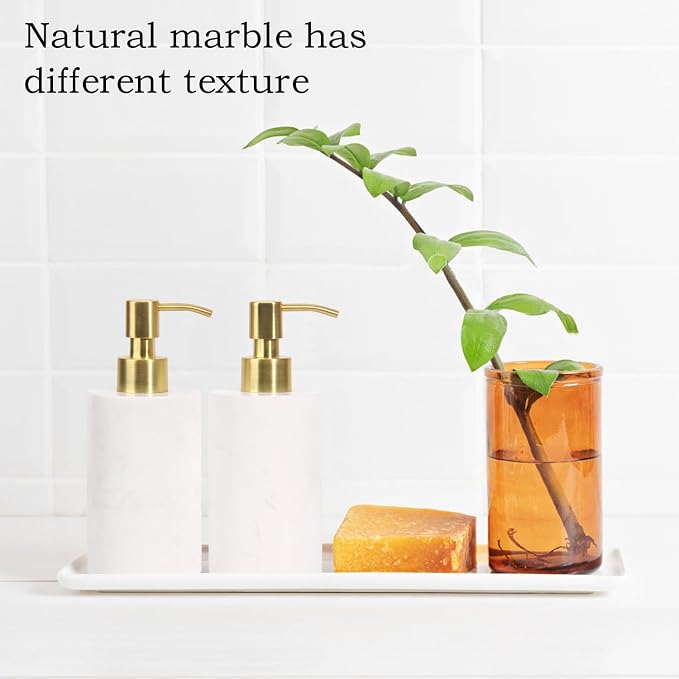 Natural Marble Soap Dispenser for Bathroom and Kitchen Countertop - 5.41 Ounces Hand Lotion and Liquid Stone Shampoo Laundry Bottle with Pump (1, White, Cylindrical Bottle)