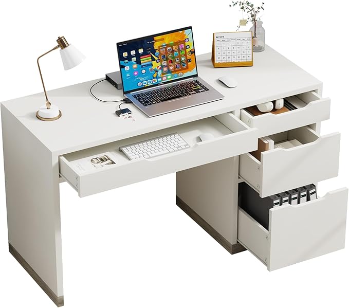 52 Inch White Desk with Drawers, Small Desk with Storage for Kids, Study Worksation with Filing Cabinet and 4 Drawers for Bedroom