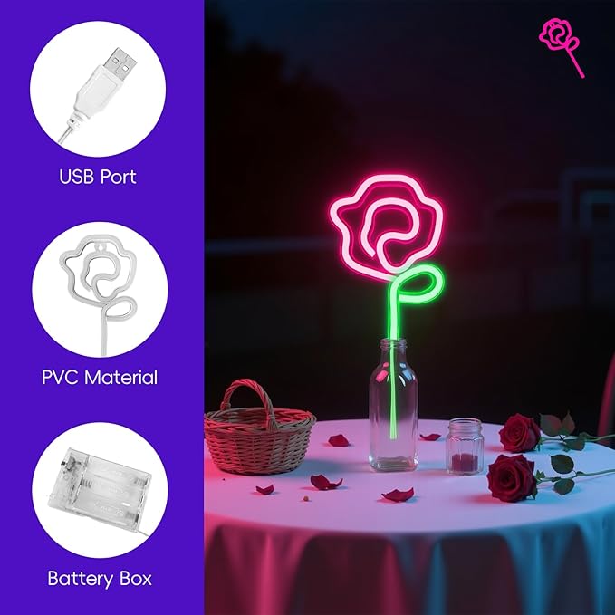 Rose Neon Sign - Red rose Flower with Green Stem Neon Art Wall Decor USB or 3-AA Battery Powered Operated for Girls Bedroom Birthday Gift Party Wedding Rose Lights for Bedroom (Pink)