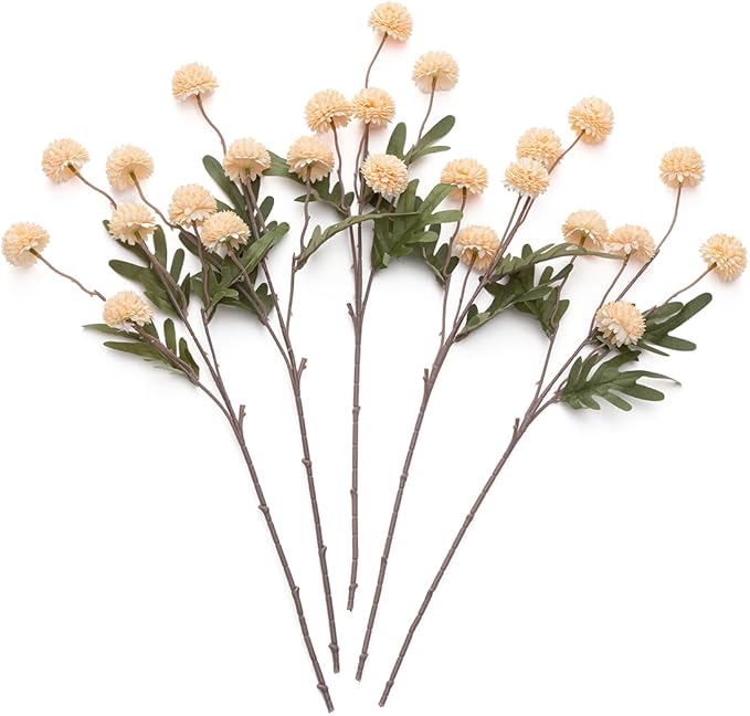 Laelfe Peach Artificial Flowers Pompon Mum, 5Pcs Fake Kiku Flowers Silk Small Mini Chrysanthemum Ball Faux Mum Decor for Filler DIY Bouquet Centerpieces Arrangements Shower (Peach)