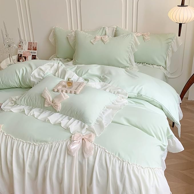 Ruffled Bedding Bow Duvet Cover Set with Butterfly Tie, Soft Brushed Microfiber Shabby Chic Bedding Set with Zipper Closure