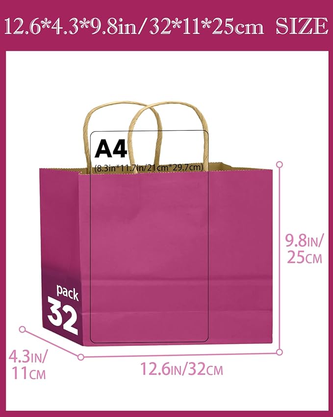 qiqee 13"x4.5"x10" Large Gift Bag with Handles Bulk 32PCS Gift Paper Bags Rosy Bags Multiple Uses (Wide Large)