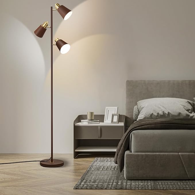 LALISU Tree Floor Lamp for Living Room, Industrial 3-Light Standing Lamp with 3 LED Bulbs, Adjustable Rotation Heads, Standing Tall Pole Lamp Farmhouse Rustic Reading Lamps for Bedroom Office (Brown)