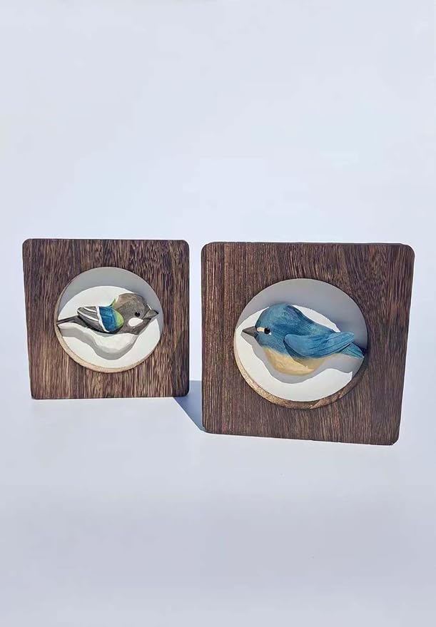 Wood Bird Sculpture with Frame, Cute Hand Carved Bird Wall Art Bird Wall Decor Wooden Wall Decor Desk Table Ornament Office Home Décor Bird Gift (Blue)