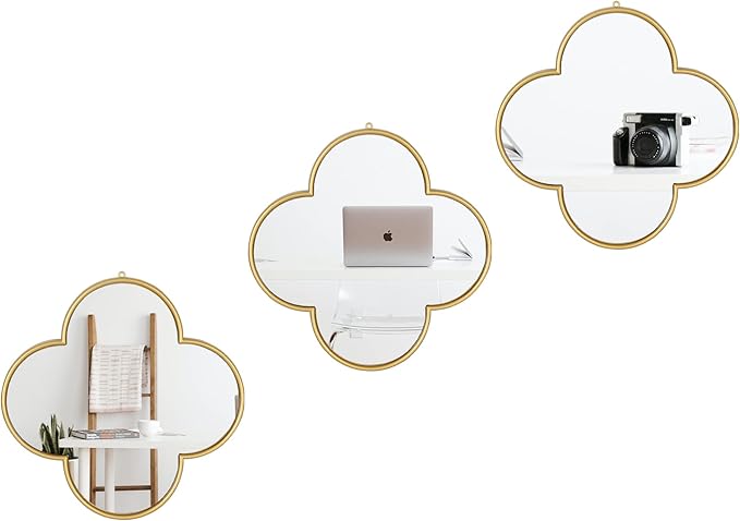 DECANIT Decorative Wall Mirrors Set of 3,Gold Clover Hanging Mirrors with Scalloped Frame for Living Room, Bedroom & Entryway, Accent Wall Decor