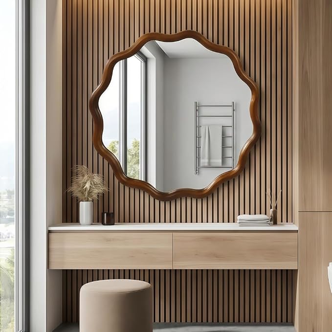 Elountik 36 Inch Wavy Round Solid Wood Frame Mirror with Black Walnut Finish, Decorative Wall Mirror for Living Room, Bathroom, Bedroom or Entryway