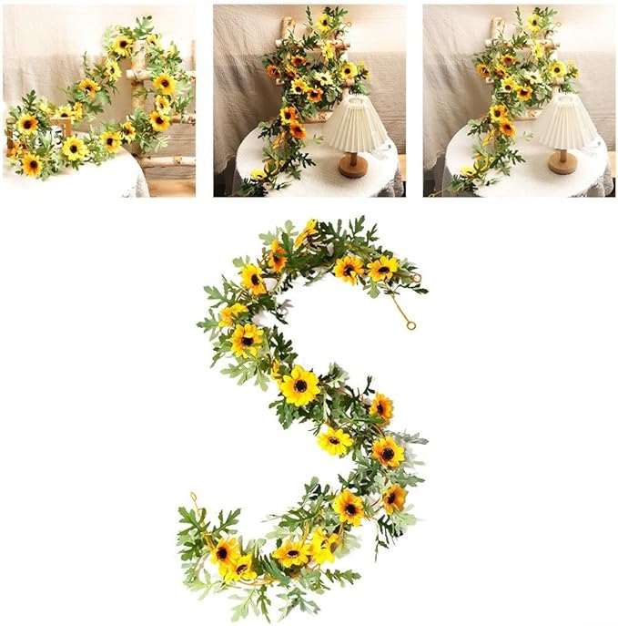 Artificial Sunflower Vine 175cm, Fake Sunflowers Garland with Yellow Silk Flowers and Green Leaves for Wedding Party Home Decor, 2 Pack