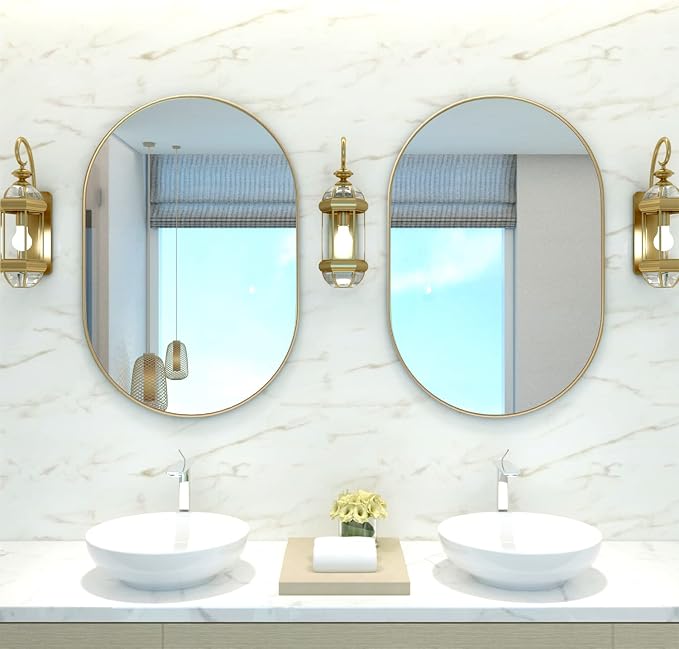 Oval Bathroom Mirror Capsule Wall Vanity Mirror, 2 Pieces 20"x30" Pill Mirrors Wall Mounted Mirror, Large Modern Mirror with Gold Metal Frame, Decor for Entryway, Bedroom, Living Room