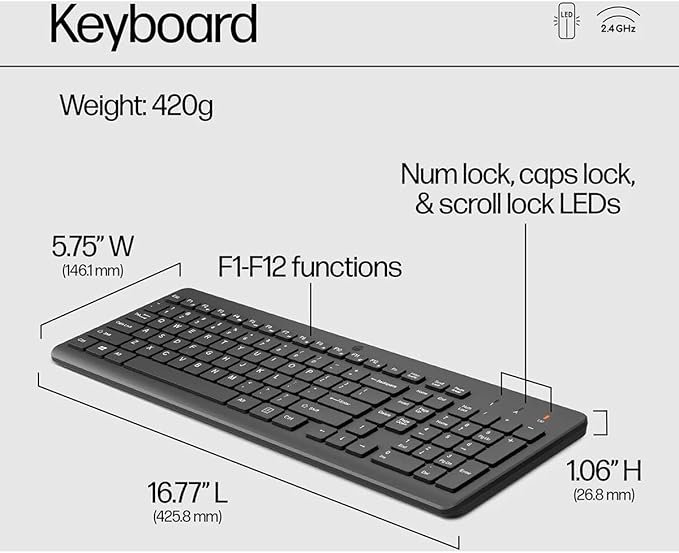 HP 330 Wireless Keyboard and Mouse Combo - 2.4 Ghz Wireless USB Receiver - Chiclet Keys, 12 Keyboard Shortcuts - 1600 DPI Multi-Surface Mouse - LED Num Lock, Caps Lock, Scroll Lock (2V9E6AA)