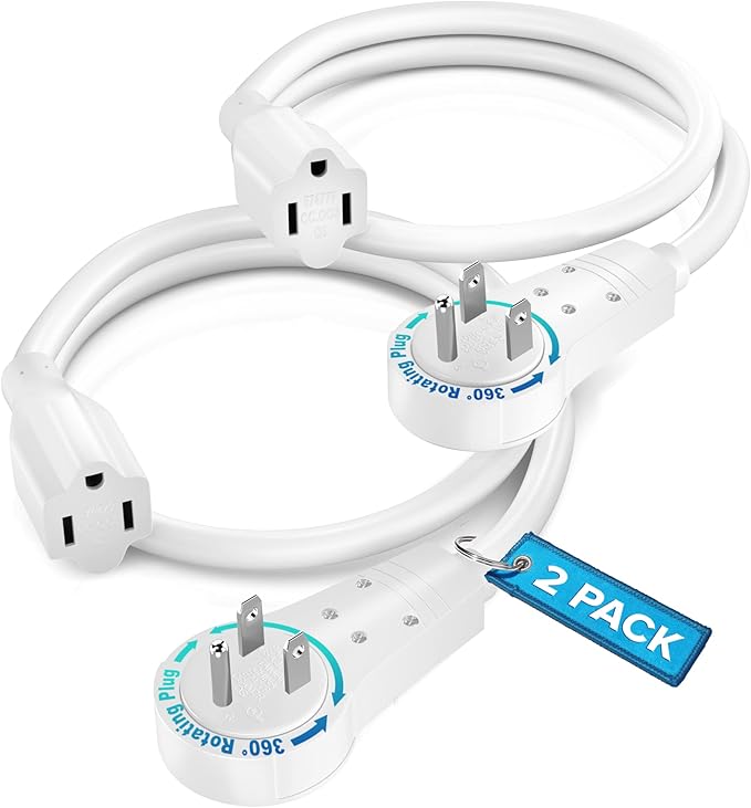Maximm Cable 0.5 Feet 14Awg 360° Rotating Flat Plug Extension Cord/Wire, 3 Prong Grounded Wire, Heavy Duty Extension Cord - UL Certified - White, 2 Pack