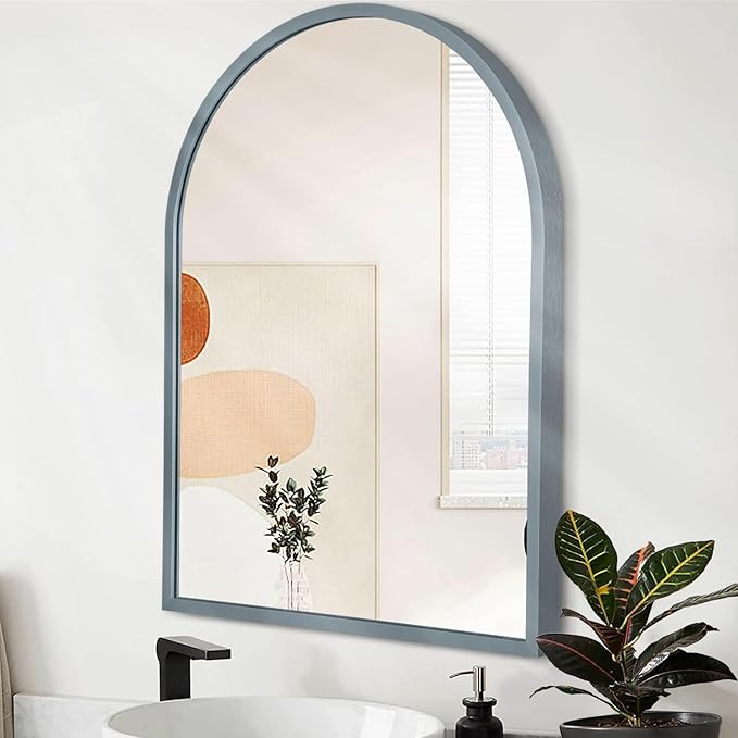 Arch Wall Mirror Bathroom Mirror Metal Framed Mirrors, Arched Wall Mounted Vanity Mirror for Bedroom Entryway Living Room 26"x18" Gray