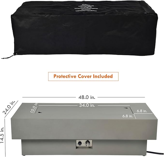 Outdoor Low Profile Fire Table with Wind Glass Shield, 48-inch Rectangle Propane Gas Fire Pit Table, 50,000 BTU Modern Firepit w/Lid, Fire Glass, Cover, Pre-Attached 10ft Propane Hose