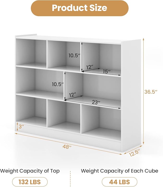 Toy Storage Organizer, 3-Tier Kids Bookshelf, 8 Cube Kids' Bookcases, Cabinets & Shelves, Wooden Toy Organizers, Small Book Shelf for Bedroom, Playroom, Classroom, Nursery (White)