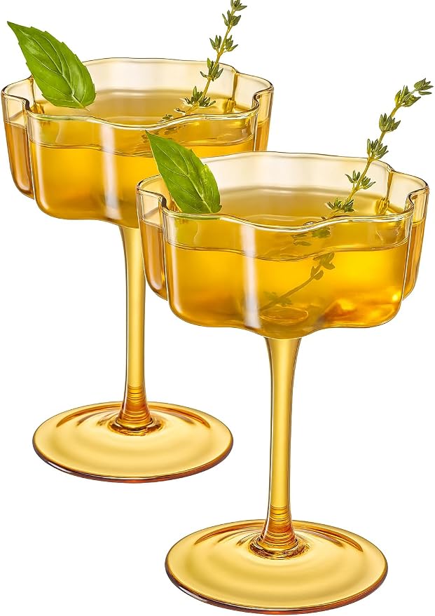Flower Scalloped Vintage Wavy Petals Wave Glass Coupes 7oz Colorful Martini, Champagne & Cocktails, 2 Set Amber Rippled Champagne Glasses, Elegant Bar Glassware, Unique Aesthetic Coupe Glassware Gifts