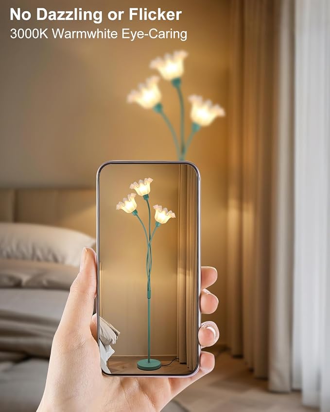 Flower Floor Lamp for Living Room, Modern Tree Floor Lamp with Adjustable Heads, 3 Light 3000K Soft Warmwhite Mid Century Standing Tall Lamp with 5Lbs Heavy Base for Bedroom Kids Room-Green