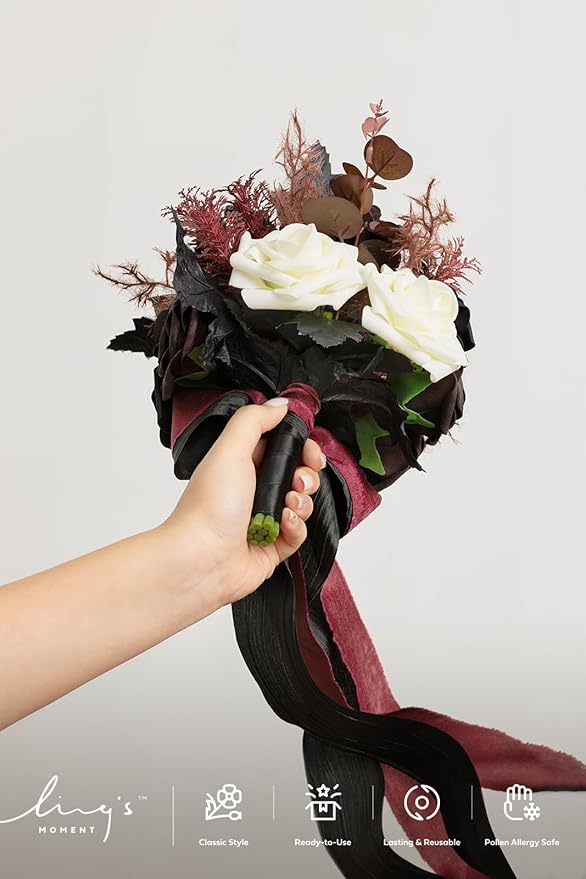 Ling's moment Artificial Flowers Gothic Bridesmaid Bouquet, Burgundy and Black Wedding Flowers Bouquets for Bridesmaids, 7 Inch Bridal Bouquets for Bridesmaids, Wedding, Ceremony, Anniversary, etc