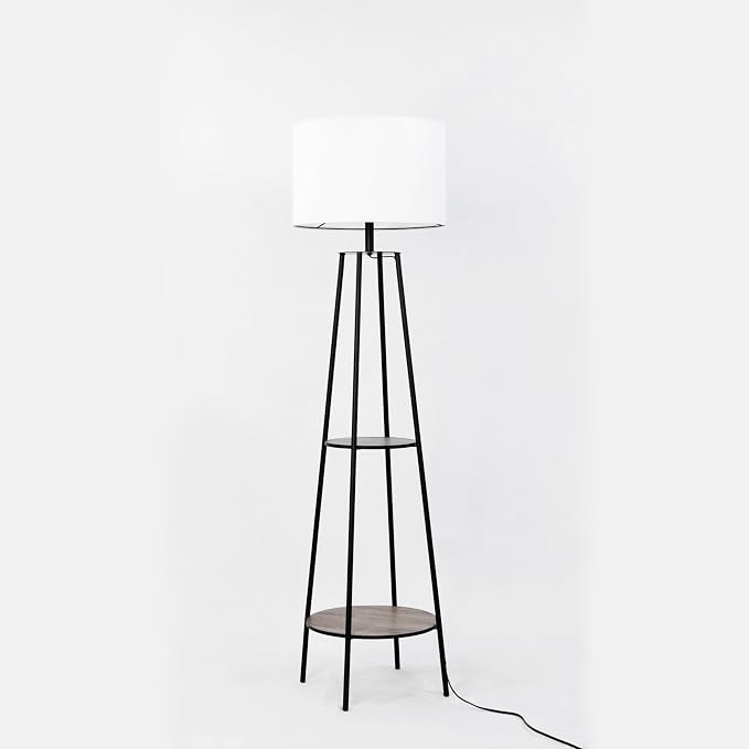 62 Inch Floor Lamp with 2 Wood Shelves, Mid-Century Modern Etagere Lamp Matte Black with LED Bulb