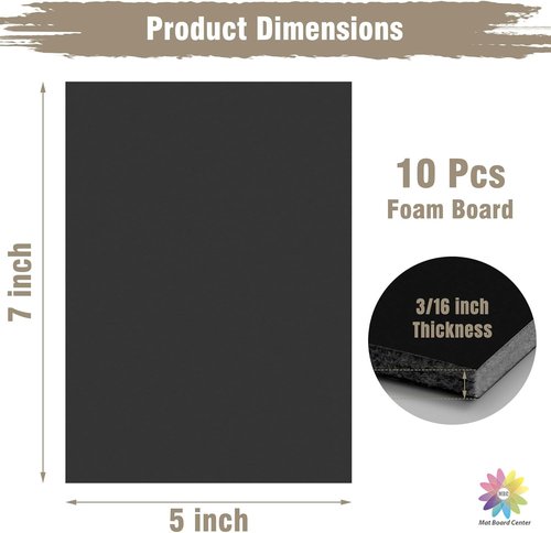 Mat Board Center | Acid-Free Foam Boards - Pack of 10, 5x7 Inch Black, 3/16" Thick