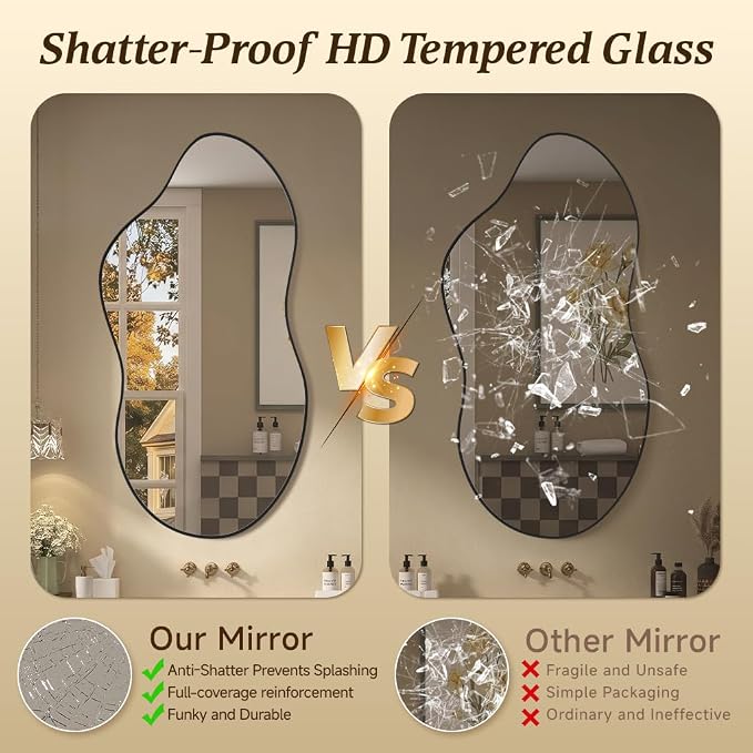 Irregular Asymmetrical Wall Mirror 26x48 Inches - Decorative Tempered Glass with Modern Aluminum Alloy Frame, Black Abstract Cloud Mirror for Bathroom, Bedroom, Living Room, Entryway, Cloakroom