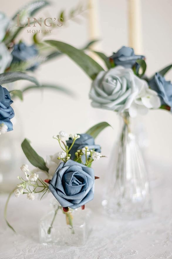 Ling's moment Artificial Rose Buds and Petite Roses w/Stem Pack of 25 for DIY Wedding Bouquets Centerpieces Decorations Boutonniere Corsages (Dusty Blue Shades)