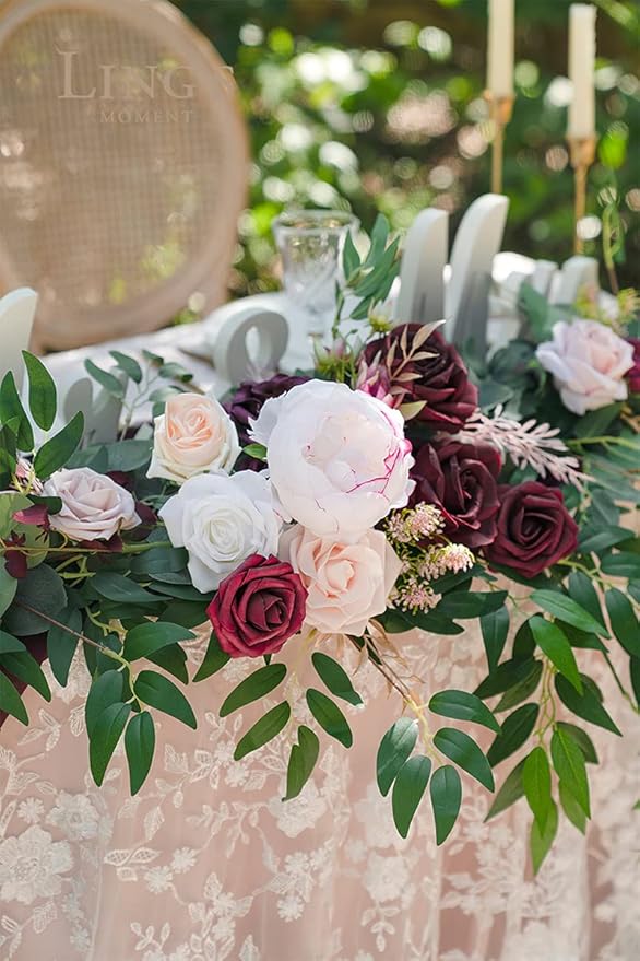 Ling's moment 9FT Spring Flower Garland - Wedding Arch Flowers, Eucalyptus & Rose, Artificial Floral Garland for Mantle - Sweetheart Table Decor for Reception, Backdrop Decorations, Marsala